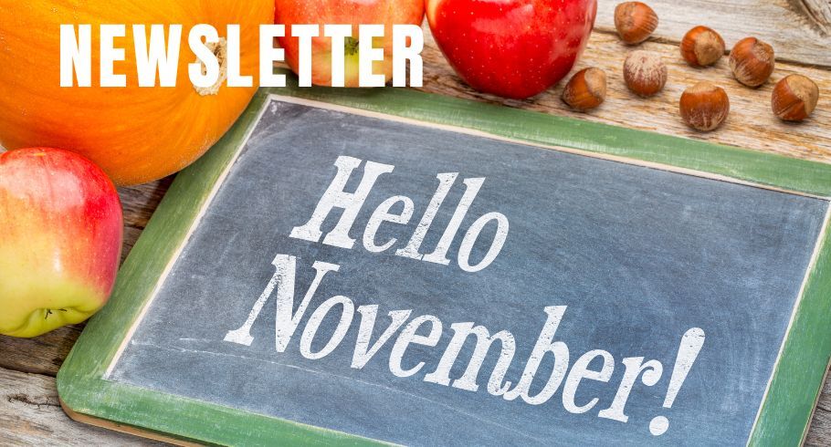 "Newsletter" with "Hello November" on chalk board